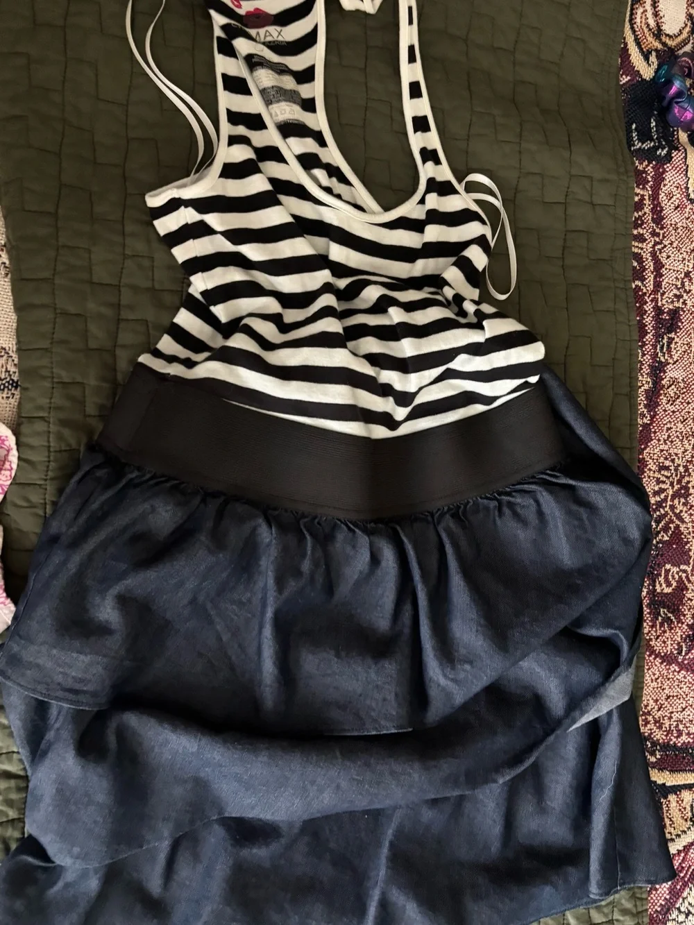 Miley Cyrus & Max Azria Black and White Striped and Jean colored dress